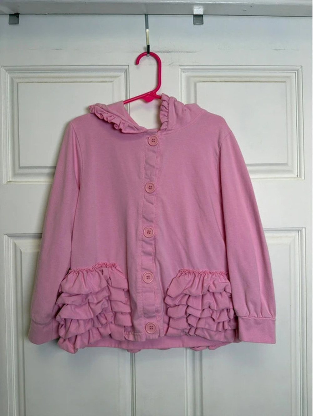 Girls Pink Ruffle Hooded Jacket 7 Button